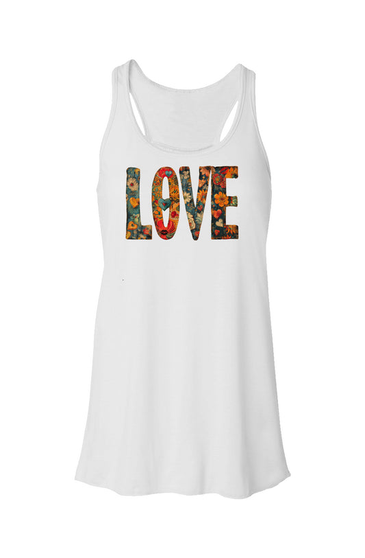 Embrace elegance and comfort with our Women Flowy Racerback Tank, featuring the enchanting "Flowers on Hearts" design. This tank top combines style and grace, making it a perfect addition to your wardrobe for any occasion.