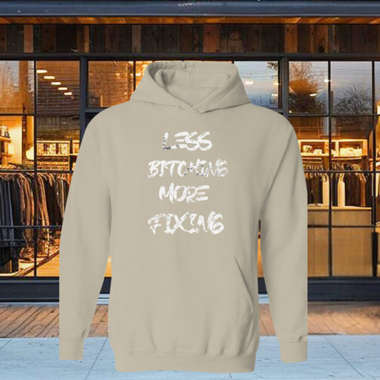  Less bitching more fixingThe hooded sweatshirt features a durable cotton and polyester blend, making it a comfortable, yet warm garment. Its spacious pouch pocket and matching drawstrings make it a versatile addition to your wardrobe- Made from a blend of 50% pre-shrunk cotton and 50% polyester, ensuring comfort and durability 