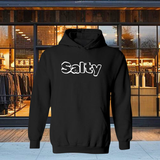 Gildan 1800 Hoodie "Salty" design, cozy and stylish. Perfect for any occasion. The hooded sweatshirt features a durable cotton and polyester blend, making it a comfortable, yet warm garment. Its spacious pouch pocket and matching drawstrings make it a versatile addition to your wardrobe.