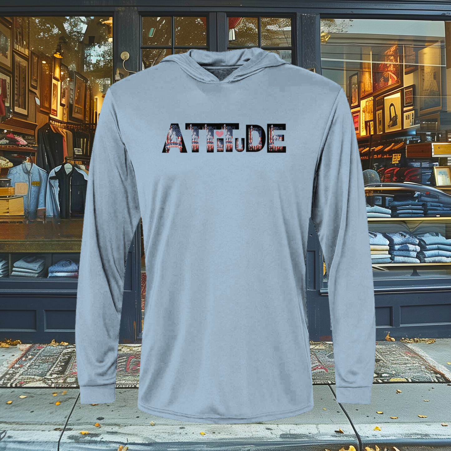 Bahama Hooded LS Tee USA :Attitude with a arm logo "smile more never give upCrafted from 100% microfiber performance polyester, it seamlessly blends comfort and style. From wrinkle-resistant finesse to UPF 50 protection