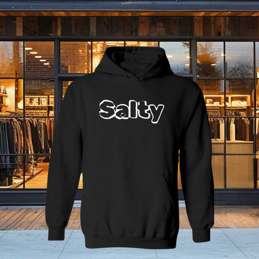  Hoodie "Salty" design, cozy and stylish. Perfect for any occasion. The hooded sweatshirt features a durable cotton and polyester blend, making it a comfortable, yet warm garment. Its spacious pouch pocket and matching drawstrings make it a versatile addition to your wardrobe.