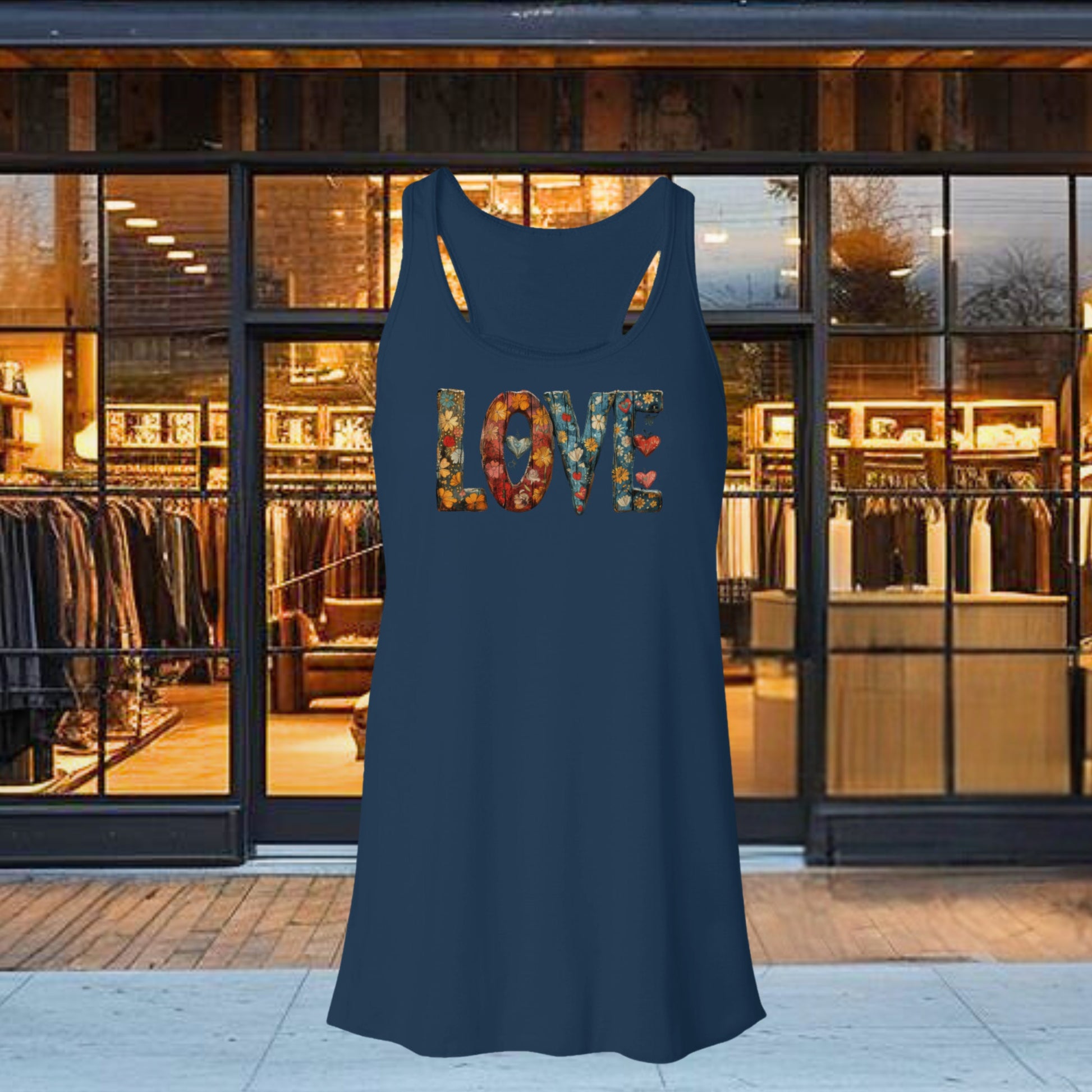 Women Flowy Racerback Tank, featuring the enchanting "Flowers on Hearts" design. This tank top combines style and grace, making it a perfect addition to your wardrobe for any occasion.