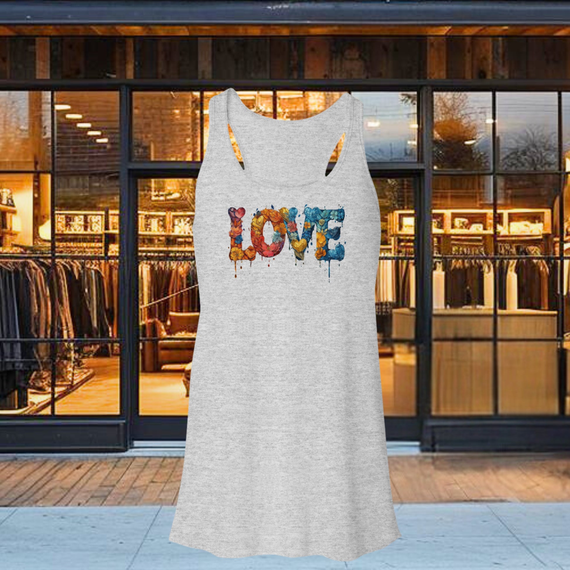 Ladies Flowy Racerback Tank, featuring the enchanting "Flowers on Hearts" design. This tank top combines style and grace, making it a perfect addition to your wardrobe for any occasion.